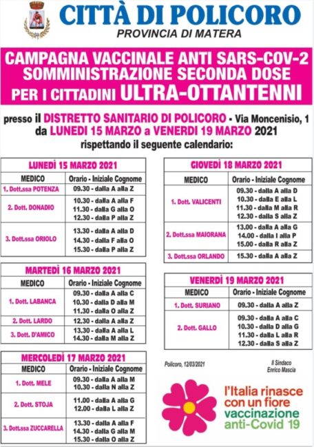 POLICORO CALENDARIO SECONDA DOSE VACCINI ULTRA 80ENNI